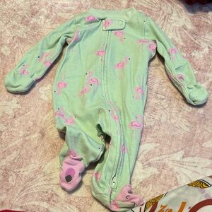 Kids Flamingo Print Footie Pajama - Light Green and Pink